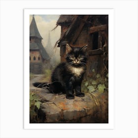 Cute Cats With A Medieval Cottage In The Background 6 Art Print