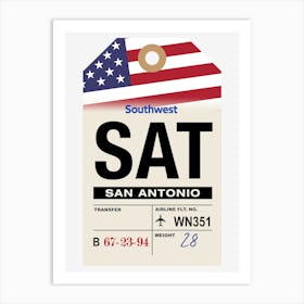 San Antonio (SAT) Texas, USA Vintage Airline Luggage Tag Art Print