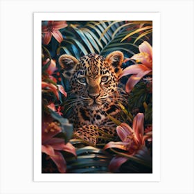 A Happy Front faced Leopard Cub In Tropical Flowers 5 Art Print