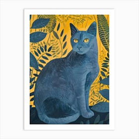 Russian Blue Cat Relief Illustration 2 Art Print