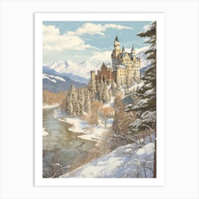 Vintage Winter Illustration Schloss Neuschwanstein Germany 2 Art Print