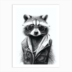 Raccoon In Scarf Black And White 2 Art Print
