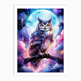 Watercolor Illustration Of A Majestic Owl Perched On A Gnarled Branch Surrounded By A Halo Of Glowi Art Print