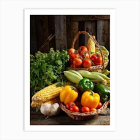 Assorted Vegetables And Fruits From A Fresh Farm Harvest Arranged In A Rustic Wicker Basket Overfl 2 1 Art Print