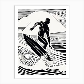 Linocut Black And White Surfer On A Wave art, surfing art, 254 Art Print