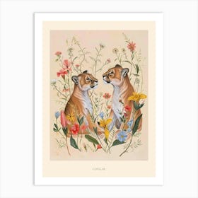 Folksy Floral Animal Drawing Cougar 2 Poster Art Print