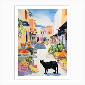 Food Market With Cats In Santorini 2 Watercolour Art Print