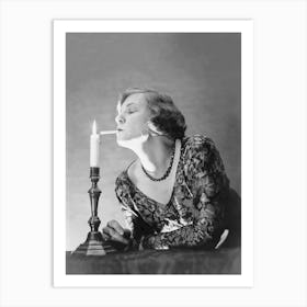 Woman Lighting a Cigarette With A Candle, Black and White Old Photo, Vintage Woman Portrait Art Print