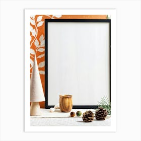 Autumnal Still Life Featuring A Cone A Framed Cotton Acorn And Pine Leaves On A Minimalistic Table Art Print