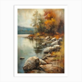 Forest Lake, Autumn Lake, Vintage Oil Painting, Farmhouse Wall Decorations, Antique Landscape, Vintage Landscape Oil Painting.5 3 Art Print