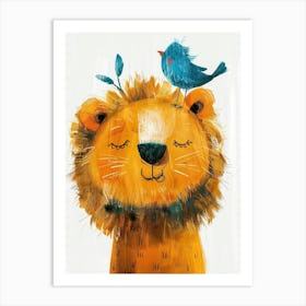 Small Joyful Lion With A Bird On Its Head 19 Art Print