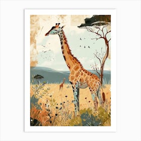 Giraffe In The Grass Colourful Illustration 3 Art Print