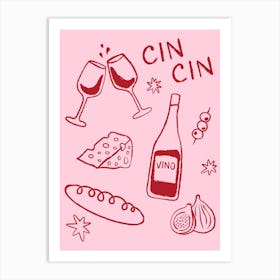 Girl Dinner. Cheese and Wine in Red and Pink Art Print