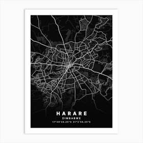 Harare Zimbabwe Black Map Art Print