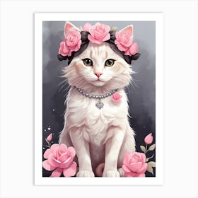 Pink Cat With Roses Art Print