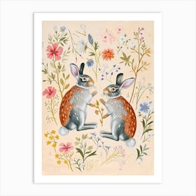 Folksy Floral Animal Drawing Hare Art Print