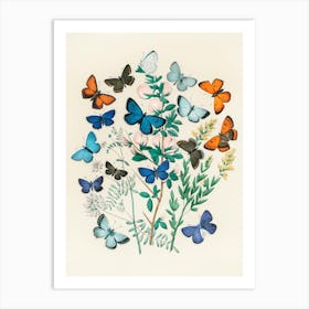 Butterflies On A Branch. Vintage Nursery Illustration, Kids Room Art Print