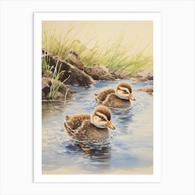 Ducklings Splashing Around Japanese Woodblock Style 1 Art Print