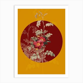 Vintage Botanical Alpine Rose on Circle Red on Yellow n.0189 Art Print