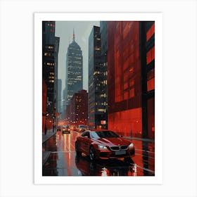 Red Car In The Rain Art Print