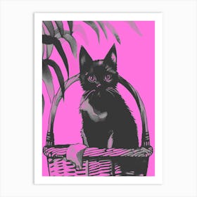 Black Kitty Cat In A Basket Pink Art Print