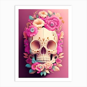 Skull With Mandala 3 Patterns Pink Vintage Floral Art Print