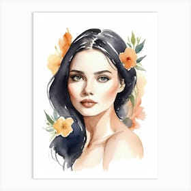Floral Woman Portrait Watercolor Painting (2) Art Print