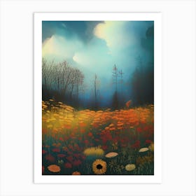 Wildflowers Field Outdoors Clouds Trees Cover Art Storm Mysterious Dream Landscape Art Print