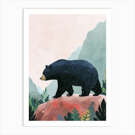 American Black Bear Walking On A Mountrain Storybook Illustration 2 Art Print