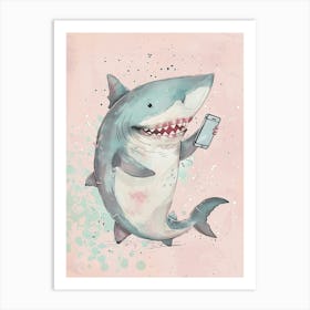 Shark On A Smartphone Pastel Illustration 1 Art Print