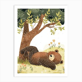 Brown Bear Laying Under A Tree Storybook Illustration 1 Art Print