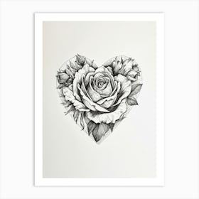 English Rose In A Heart Line Drawing 1 Art Print