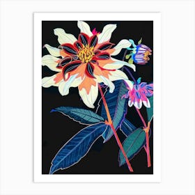 Neon Flowers On Black Dahlia 3 Art Print