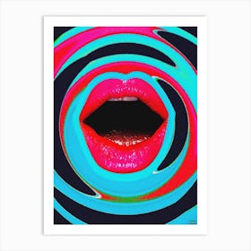 Pink Retro Lips Collage Blue & Black Art Print