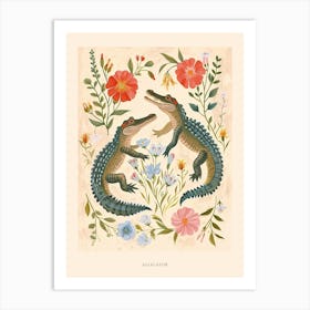 Folksy Floral Animal Drawing Alligator Poster Art Print
