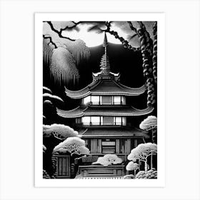 Ninna Ji Temple, Japan Linocut Black And White Vintage Art Print