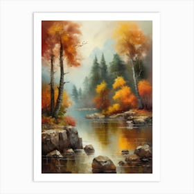 Autumn Lake,Forest Lake, Vintage Oil Painting, Farmhouse Wall Decorations, Antique Landscape, Vintage Landscape Oil Painting.20 Art Print