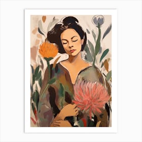 Woman With Autumnal Flowers Protea 2 Art Print