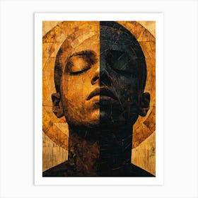 Abstract Duality Portrait – Textured Geometric Art With Golden Halo Art Print