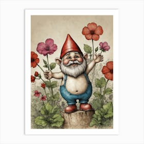Gnome With Flowers Art Print