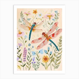 Folksy Floral Animal Drawing Dragonfly Art Print