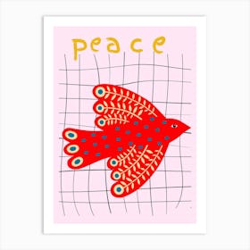 Peace Folk Red Bird On Grid Art Print