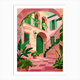 Pink Courtyard With Plants And Stairs Art Print