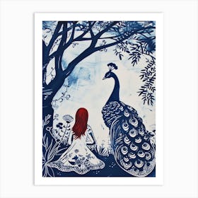 Woman With Red Hair & Peacock Linocut Inspired Art Print