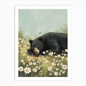 American Black Bear Resting In A Field Of Daisies Storybook Illustration 2 Art Print