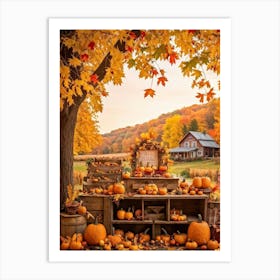 Autumnal Festival Scene Acorn Embraced By Falling Leaves Pumpkins Nestled Among Harvested Vegetabl (2) Art Print