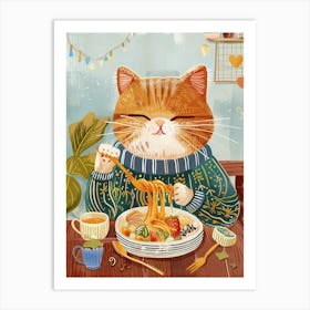 Cute Brown White Cat Eating Pasta Folk Illustration 2 Art Print