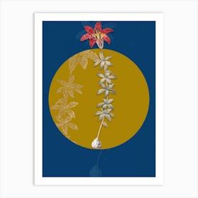 Vintage Botanical Wood Lily on Circle Yellow on Blue Art Print