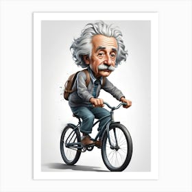 vector illustration of Albert Einstein ride bicycle, Abstract Cartoon Art, full body, extreme textures and details, 64K, white background, character poses Art Print