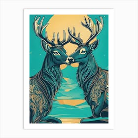 Two Stags In Moonlight Art Print